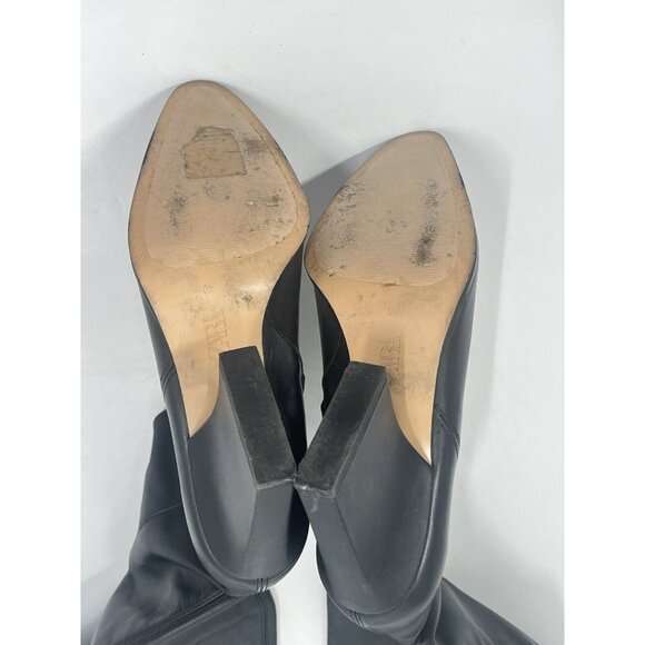 Zara Black Leather Over The Knee Heeled Boots Sz 40 Sz 9.5 - Picture 6 of 7